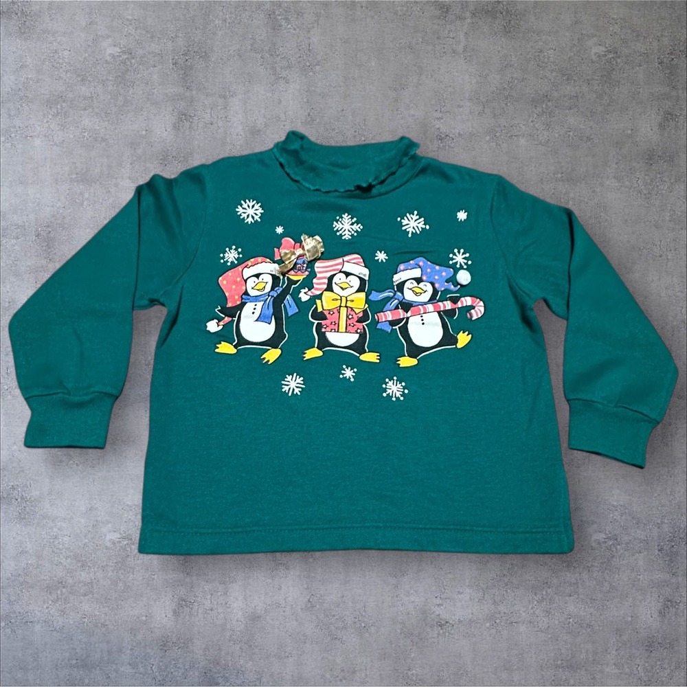 Vintage New Moves 4T Kids Christmas Penguin Shirt‎ Green Long Sleeve Holiday